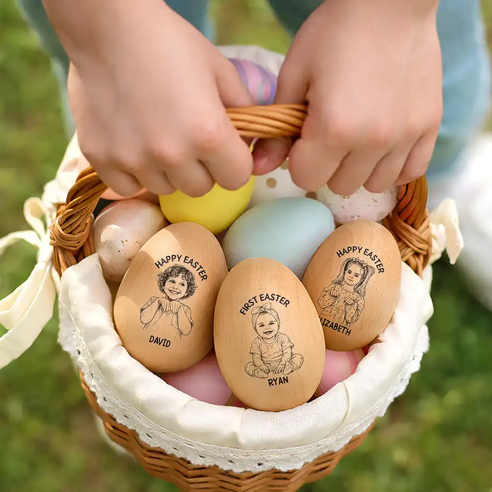 Custom Photo Pencil Sketch Happy Kids Easter - Personalized Musical Wooden Easter Egg Shaker - Image 7
