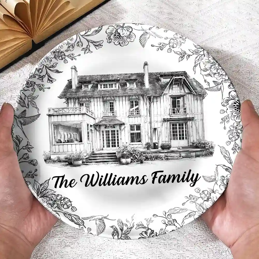 Custom Photo Pencil Sketch House Sketch Where Love Never Ends - Personalized Ceramic Plate - Image 3