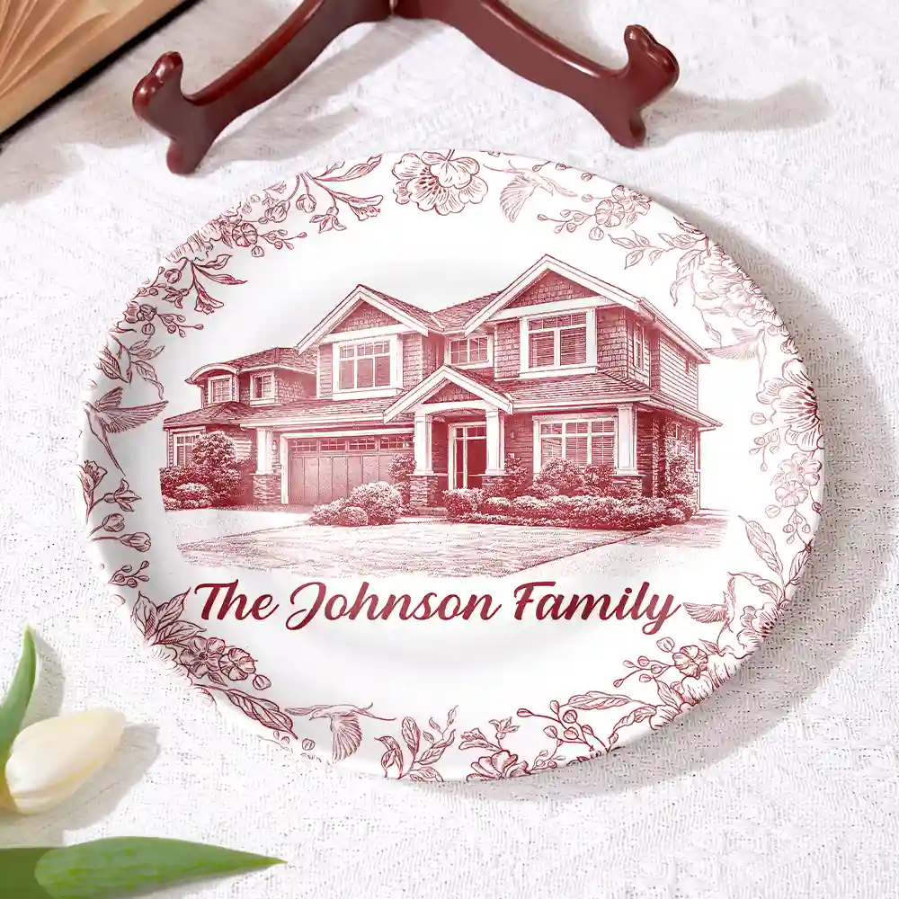 Custom Photo Pencil Sketch House Sketch Where Love Never Ends - Personalized Ceramic Plate - Image 4