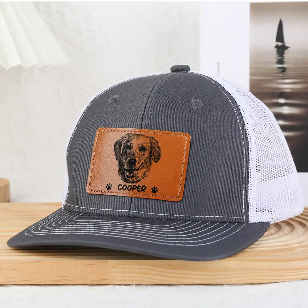Custom Photo Pencil Sketch Just A Man & His Dog - Personalized Leather Patch Hat - Image 5