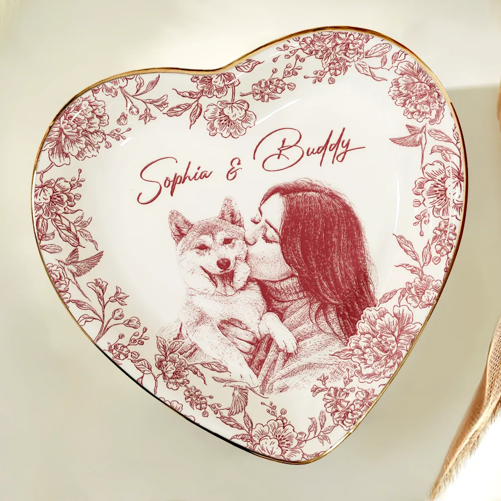 Custom Photo Pencil Sketch Loving Couple Family Pet - Personalized Ring Dish - Image 6