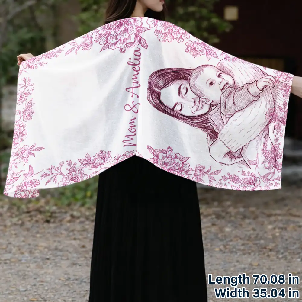 Custom Photo Pencil Sketch Mom Grandma And Kid - Personalized Lightweight Soft Shawl - Image 4