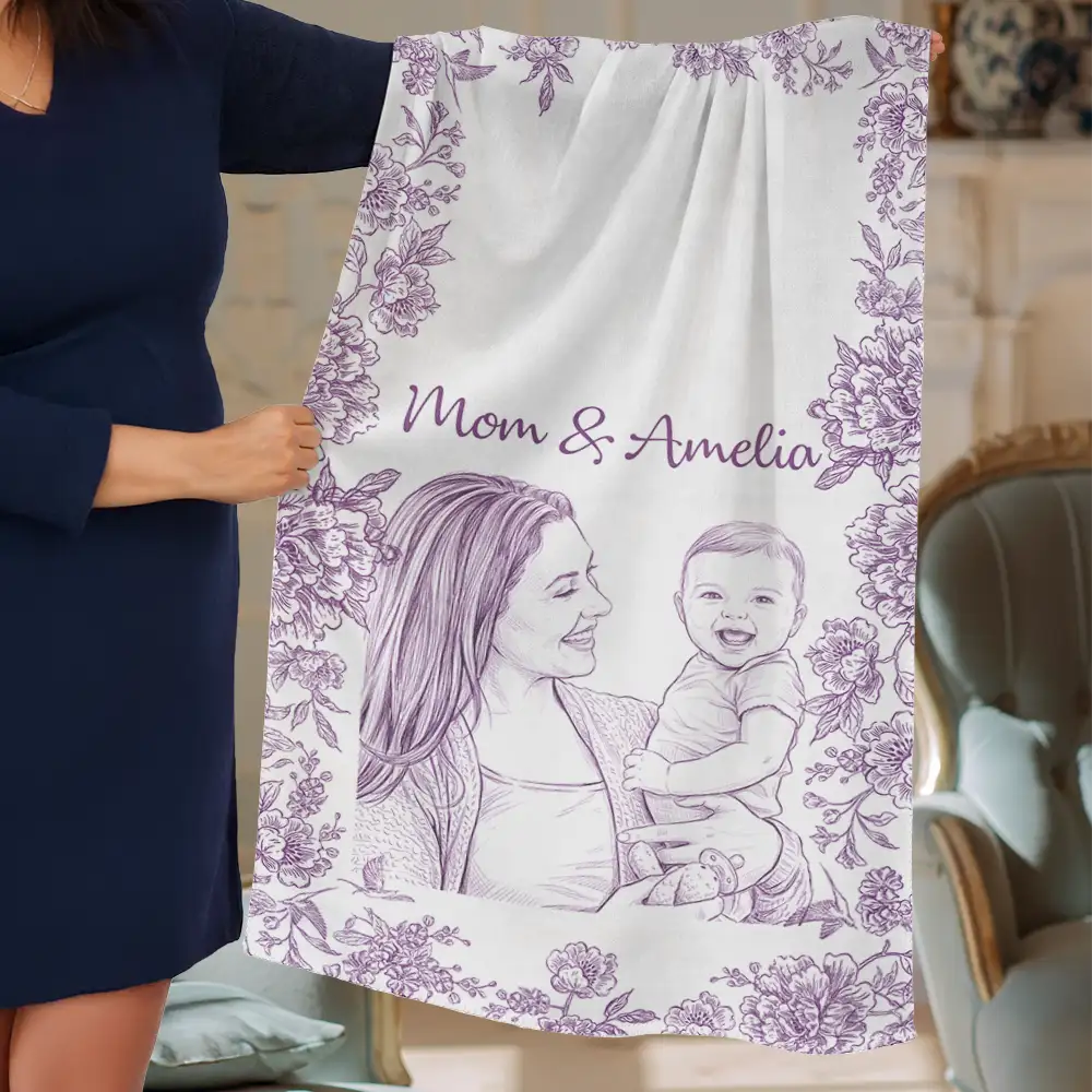 Custom Photo Pencil Sketch Mom Grandma And Kid - Personalized Lightweight Soft Shawl - Image 6