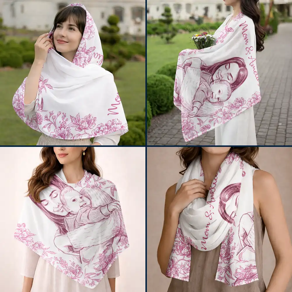 Custom Photo Pencil Sketch Mom Grandma And Kid - Personalized Lightweight Soft Shawl - Image 7