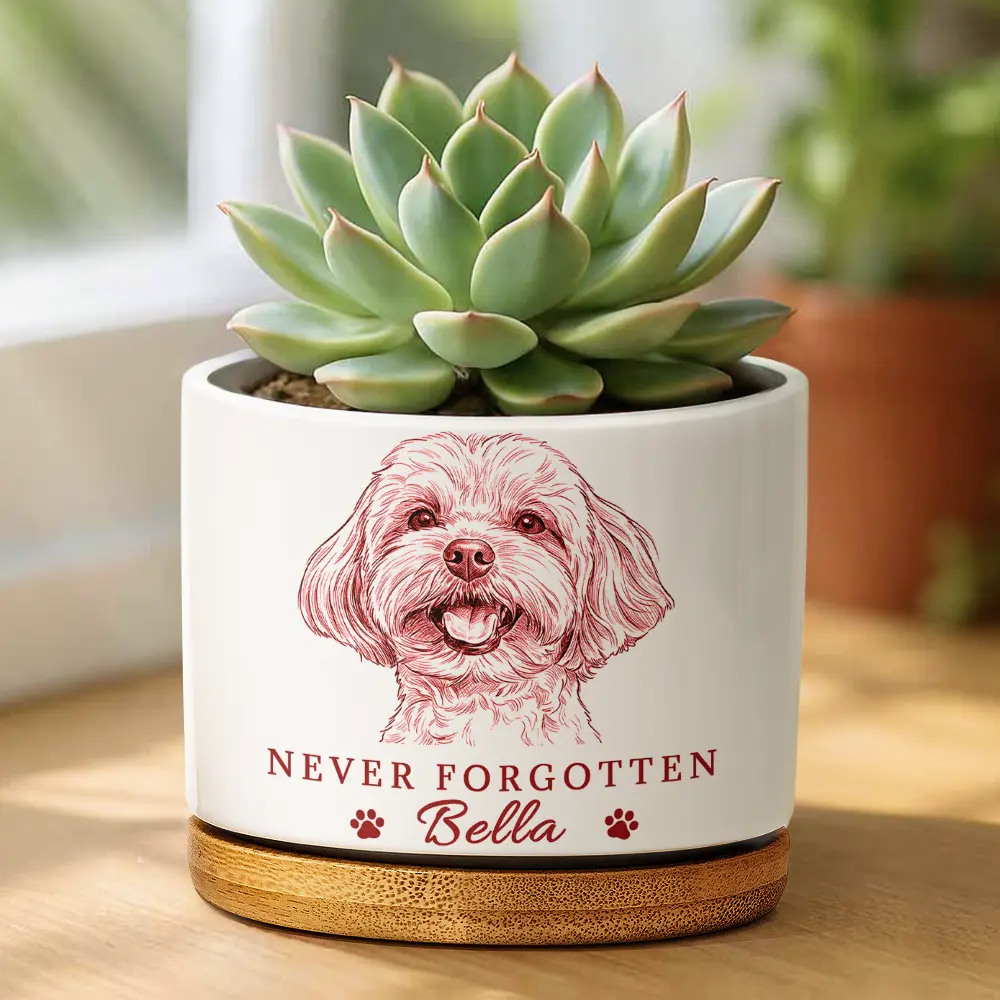 Custom Photo Pencil Sketch Pet Memorial Never Forgotten - Personalized Ceramic Plant Pot - Image 3
