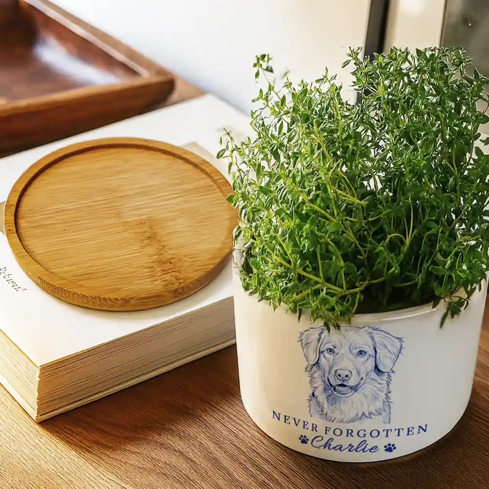 Custom Photo Pencil Sketch Pet Memorial Never Forgotten - Personalized Ceramic Plant Pot - Image 4