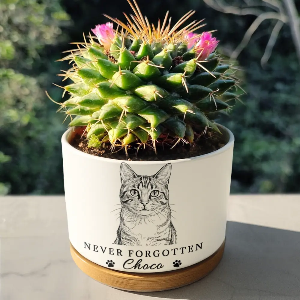 Custom Photo Pencil Sketch Pet Memorial Never Forgotten - Personalized Ceramic Plant Pot - Image 5