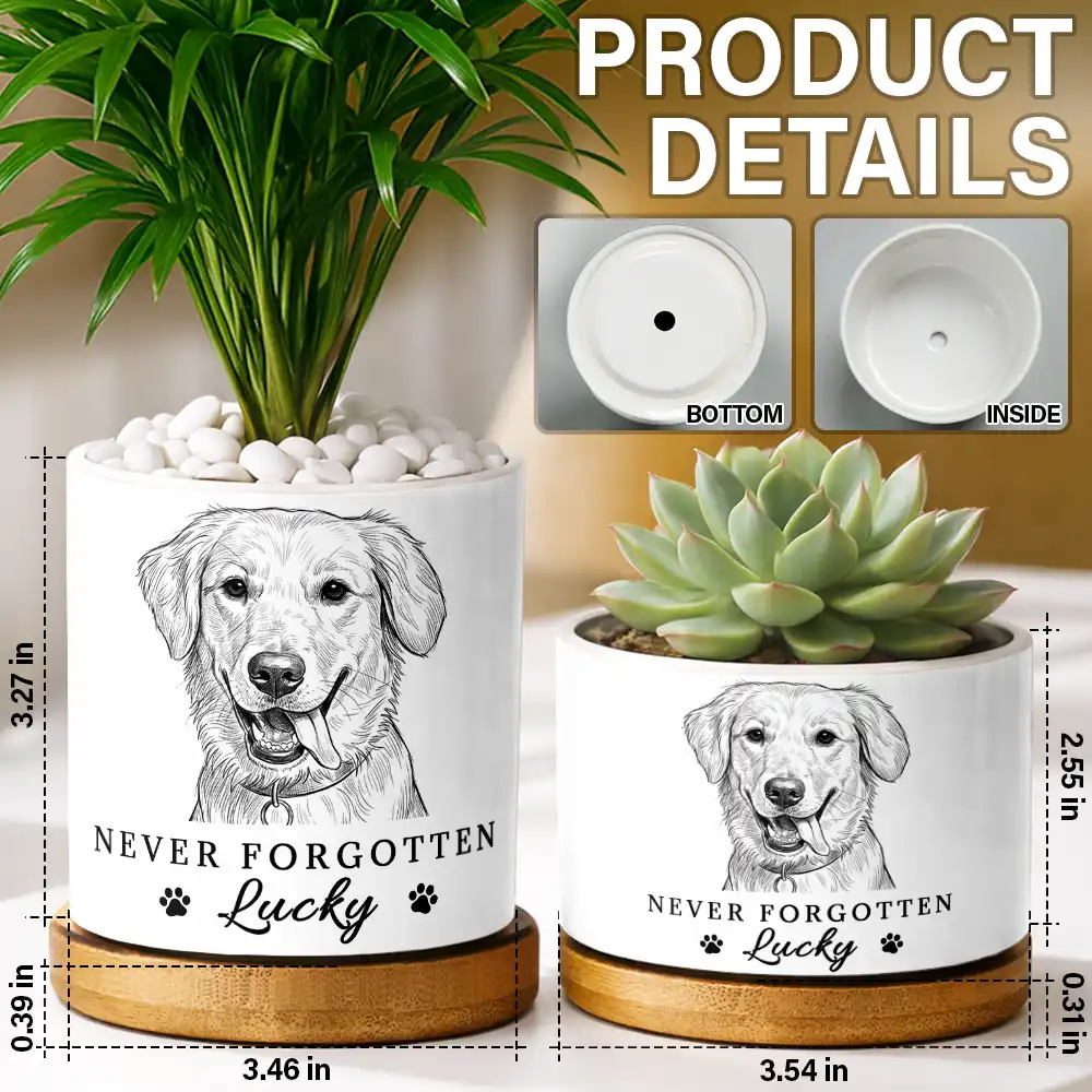 Custom Photo Pencil Sketch Pet Memorial Never Forgotten - Personalized Ceramic Plant Pot - Image 6