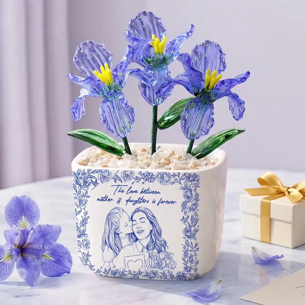 Custom Photo Pencil Sketch The Love Between Mother & Daughter Is Forever - Personalized Glass Flower Plant Pot - Image 3
