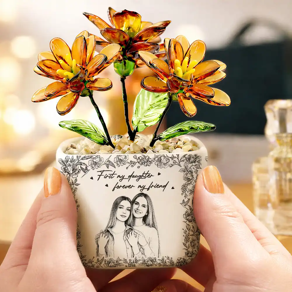 Custom Photo Pencil Sketch The Love Between Mother & Daughter Is Forever - Personalized Glass Flower Plant Pot - Image 8