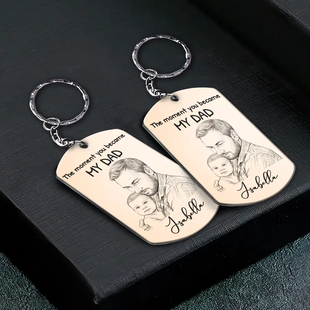 Custom Photo Pencil Sketch The Moment You Became My Dad - Personalized Aluminum Keychain - Image 3