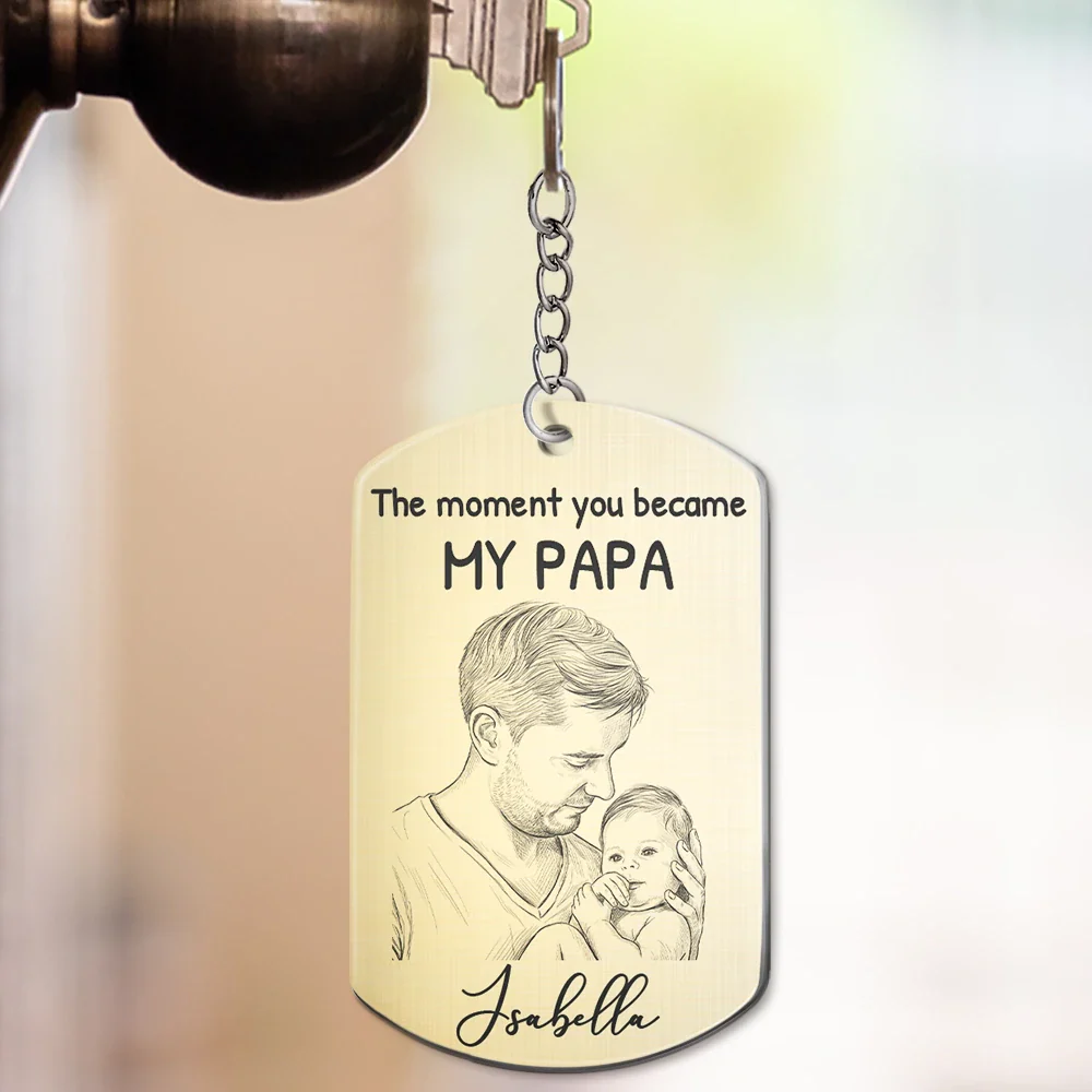 Custom Photo Pencil Sketch The Moment You Became My Dad - Personalized Aluminum Keychain - Image 4