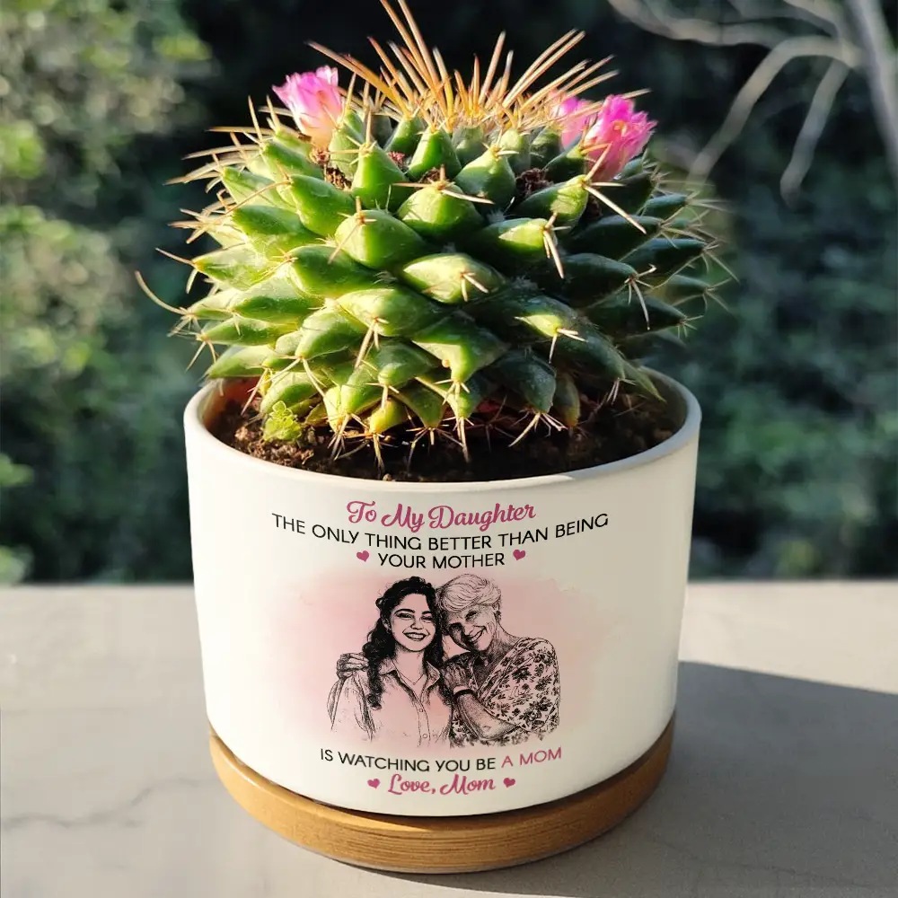 Custom Photo Pencil Sketch To My Daughter Granddaughter - Personalized Ceramic Plant Pot - Image 5