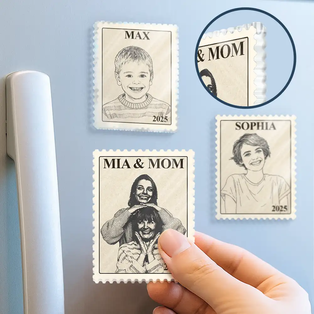 Custom Photo Pencil Sketch Vintage Stamp Portrait Family - Personalized Acrylic Fridge Magnet - Image 3