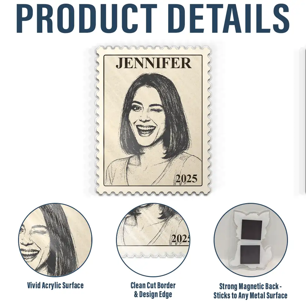 Custom Photo Pencil Sketch Vintage Stamp Portrait Family - Personalized Acrylic Fridge Magnet - Image 5