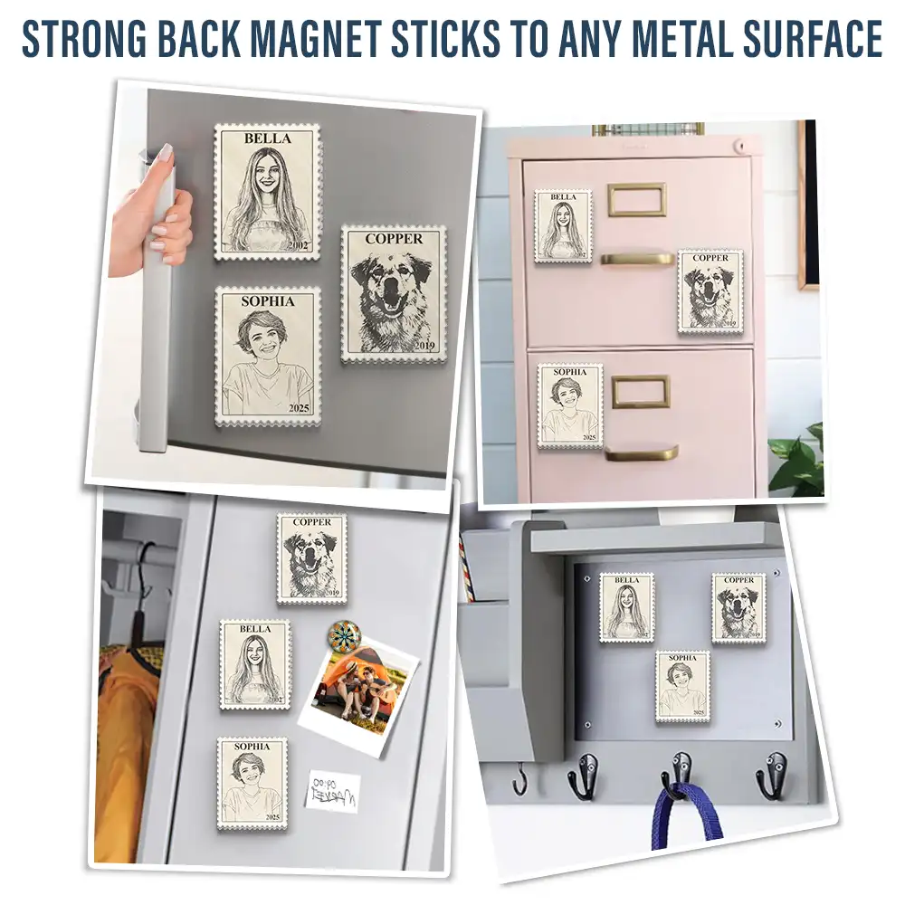 Custom Photo Pencil Sketch Vintage Stamp Portrait Family - Personalized Acrylic Fridge Magnet - Image 7