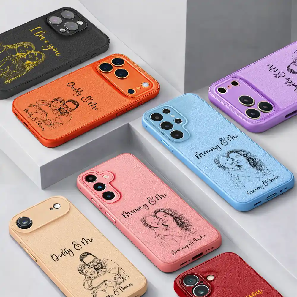 Custom Photo Pencil Sketch We Love You Mommy Daddy - Personalized Leather Phone Case - Image 4