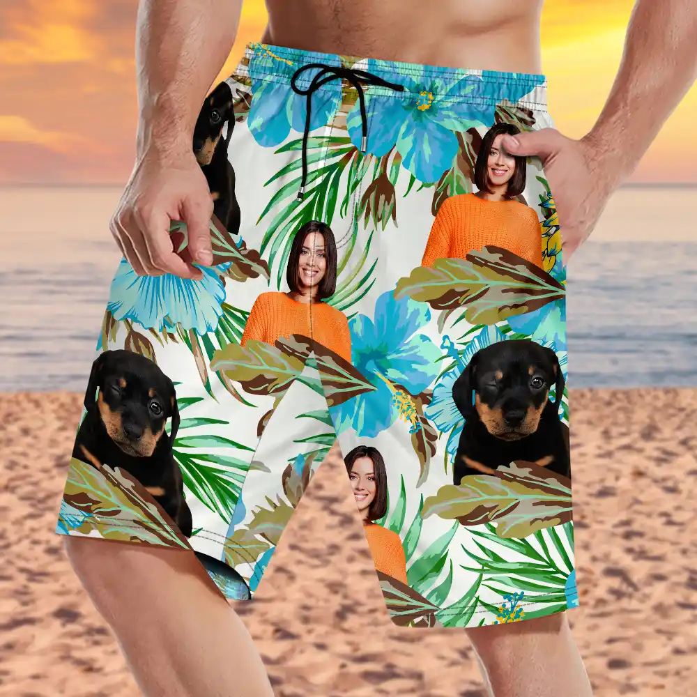 Custom Photo People And Pet Faces Couple Dog Cat - Personalized Unisex Beach Shorts - Image 4