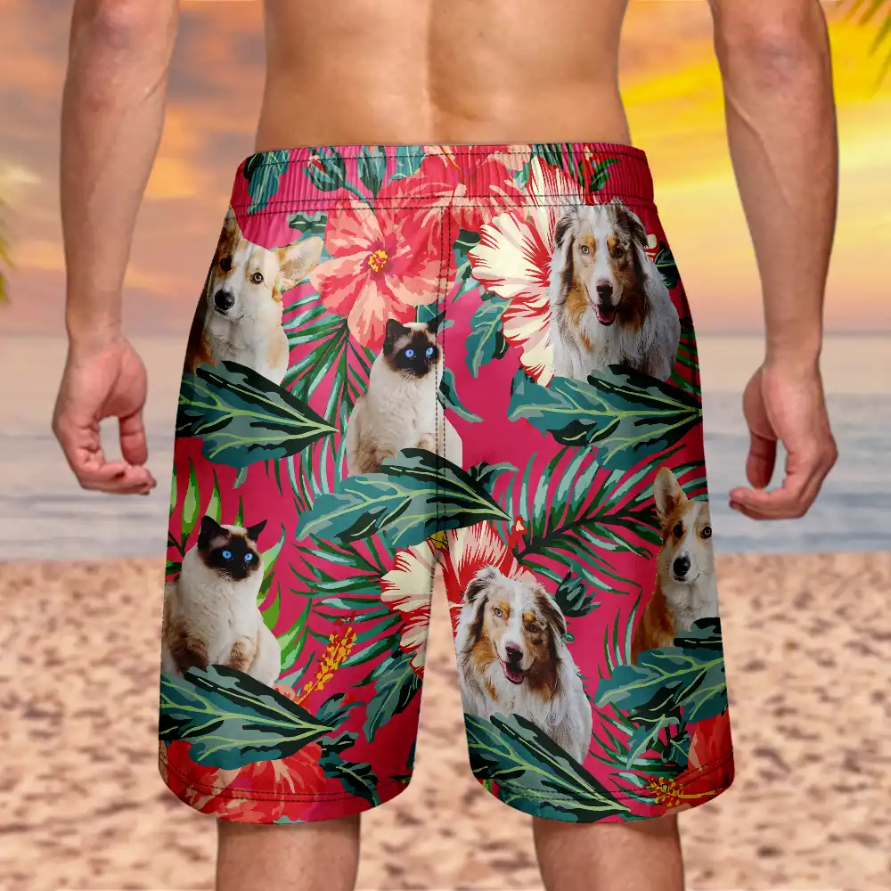 Custom Photo People And Pet Faces Couple Dog Cat - Personalized Unisex Beach Shorts - Image 5