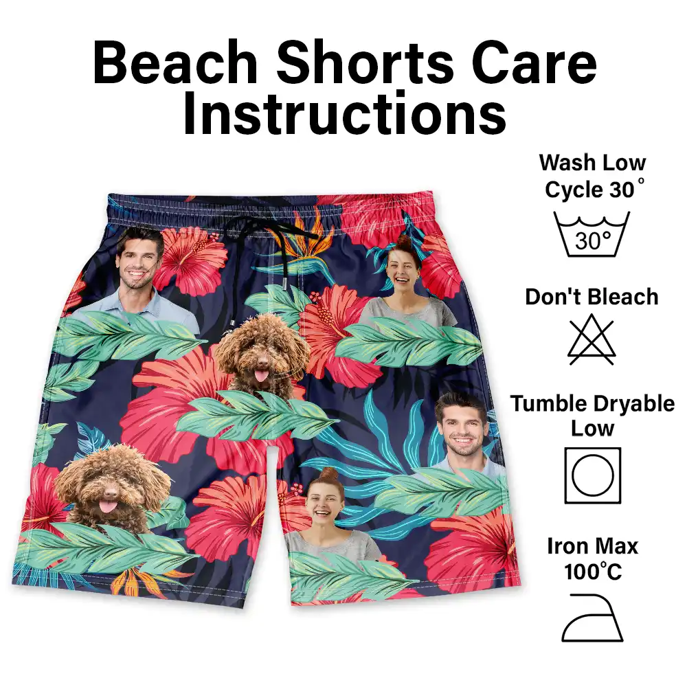 Custom Photo People And Pet Faces Couple Dog Cat - Personalized Unisex Beach Shorts - Image 7