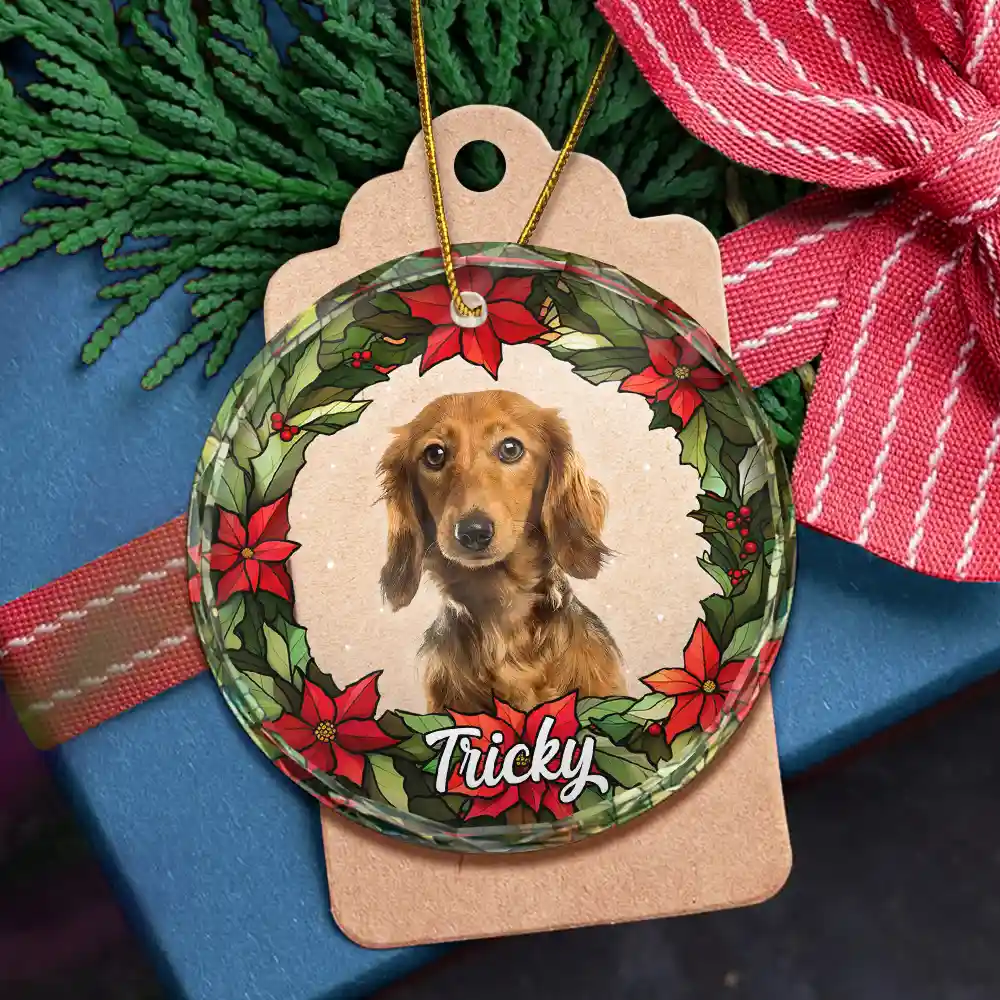 Custom Photo Pet Face Christmas Wreath Dog Cat Pet Memorial - Personalized Circle Glass Ornament - Image 6