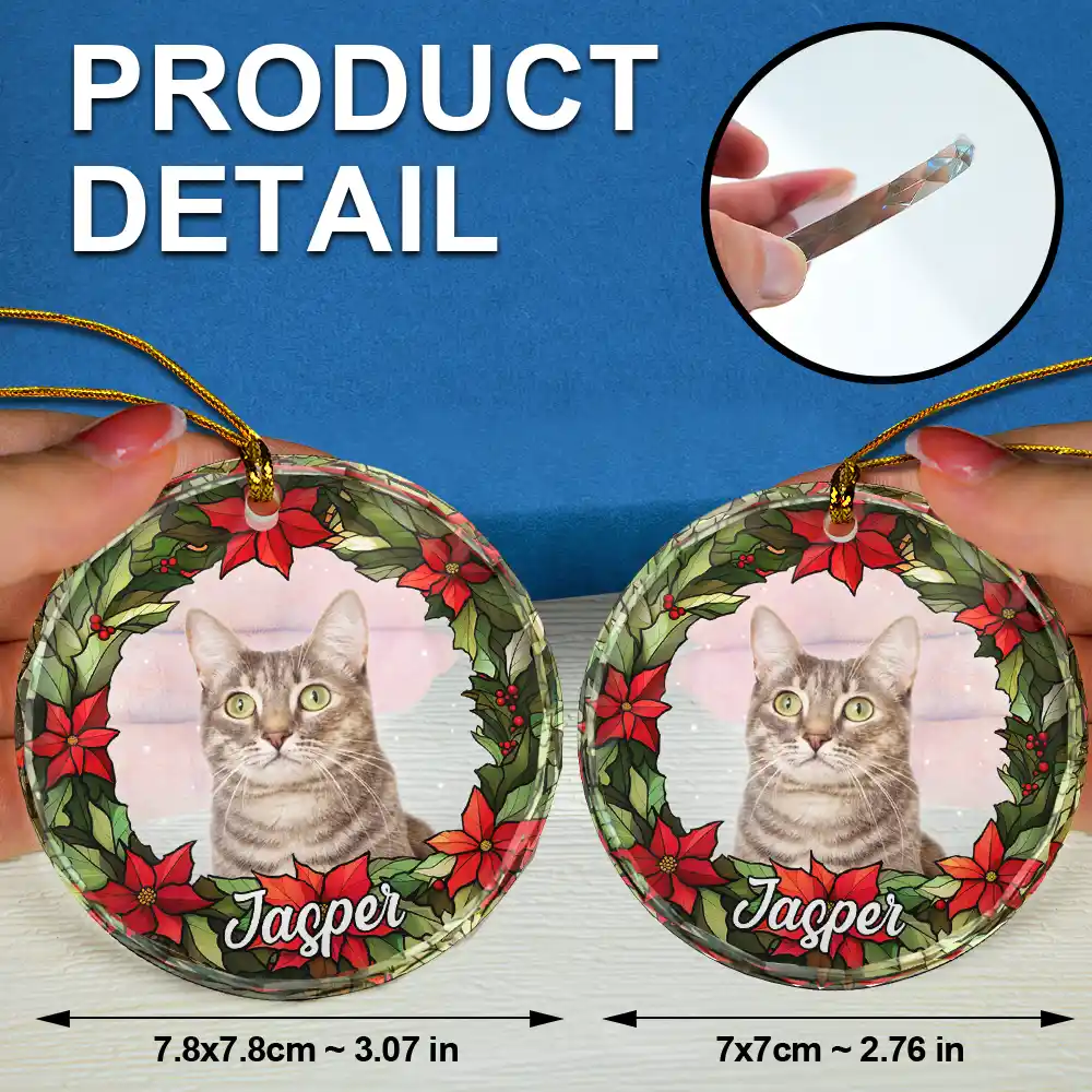 Custom Photo Pet Face Christmas Wreath Dog Cat Pet Memorial - Personalized Circle Glass Ornament - Image 7