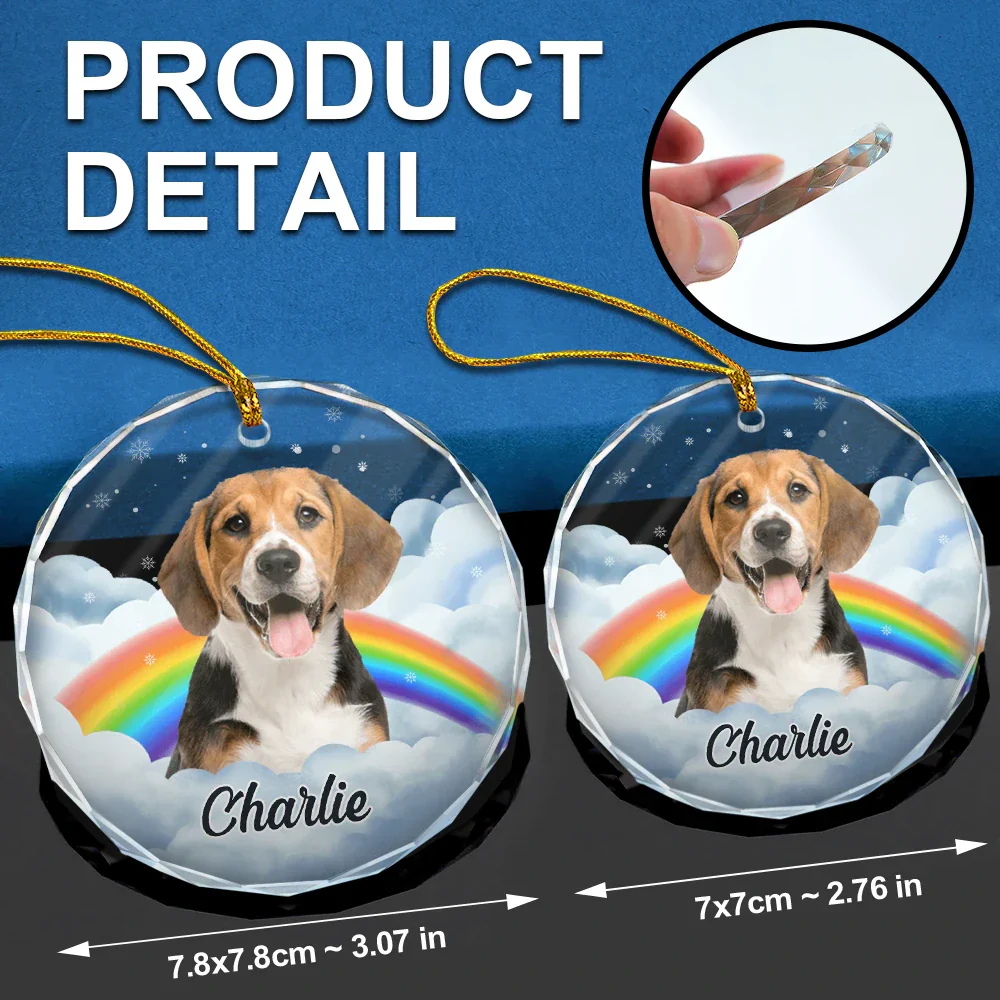 Custom Photo Pet Face Rainbow Bridge - Personalized Circle Glass Ornament - Image 7