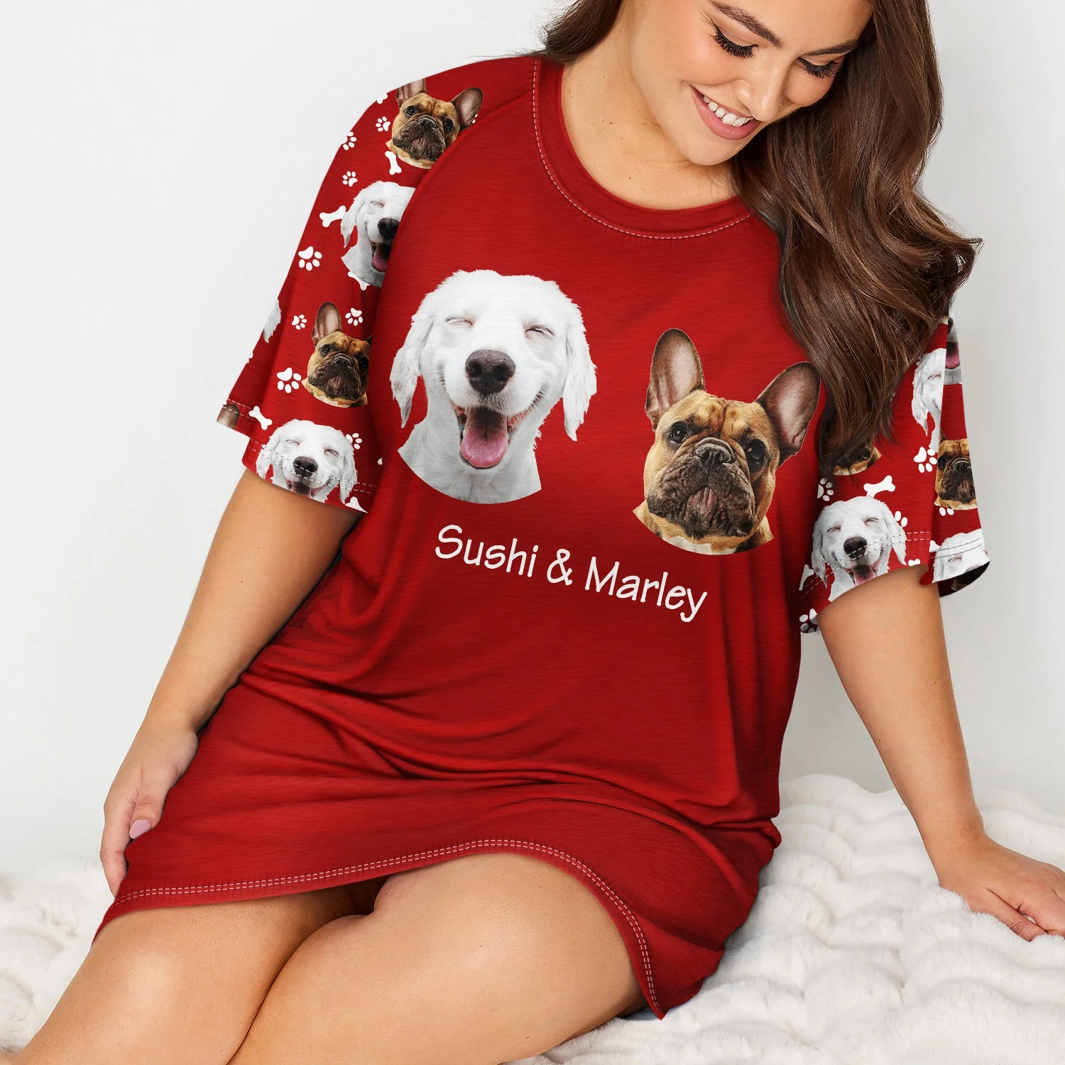 Custom Photo Pet Faces - Gift For Dog Lovers, Cat Lovers - Personalized Women's Sleep Tee - Image 5