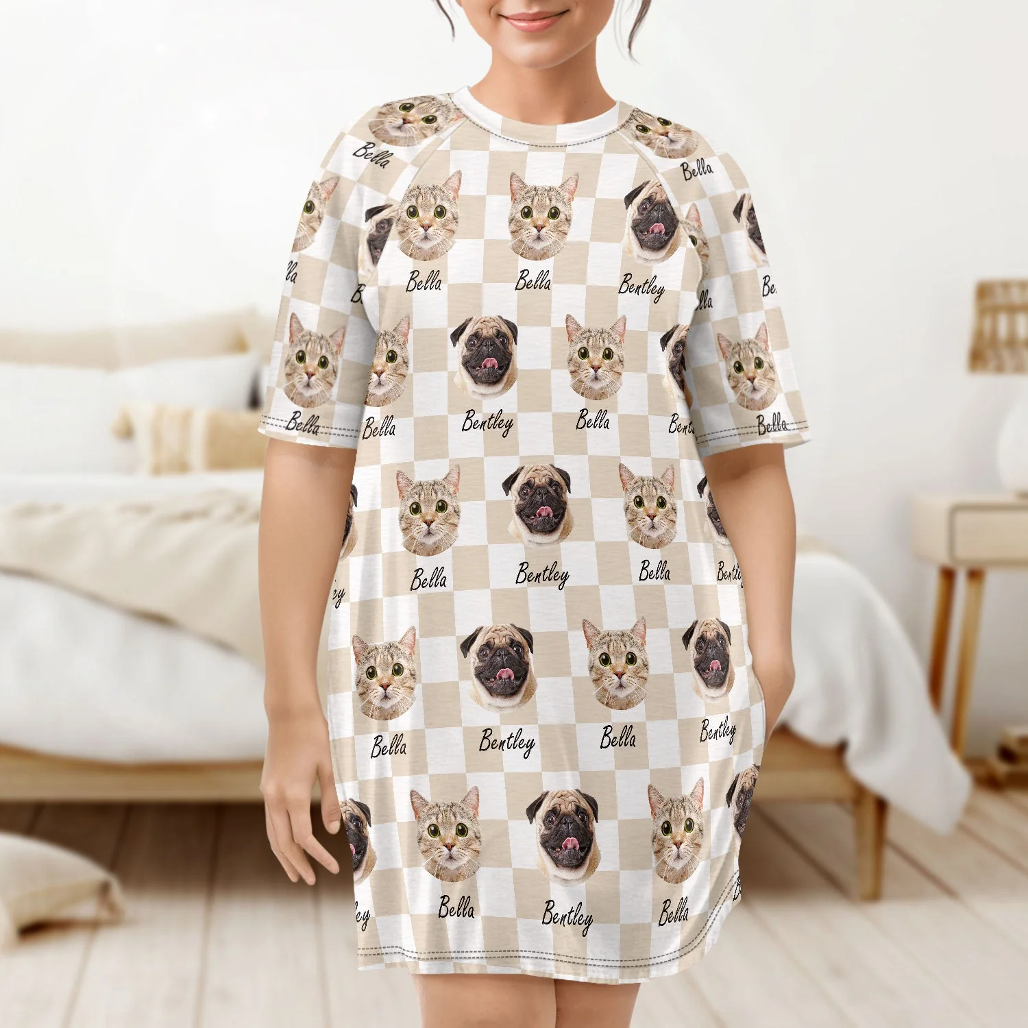 Custom Photo Pet Faces Groovy Checkered Pattern - Gift For Dog Mom, Cat Mom - Personalized Women's Sleep Tee - Image 5