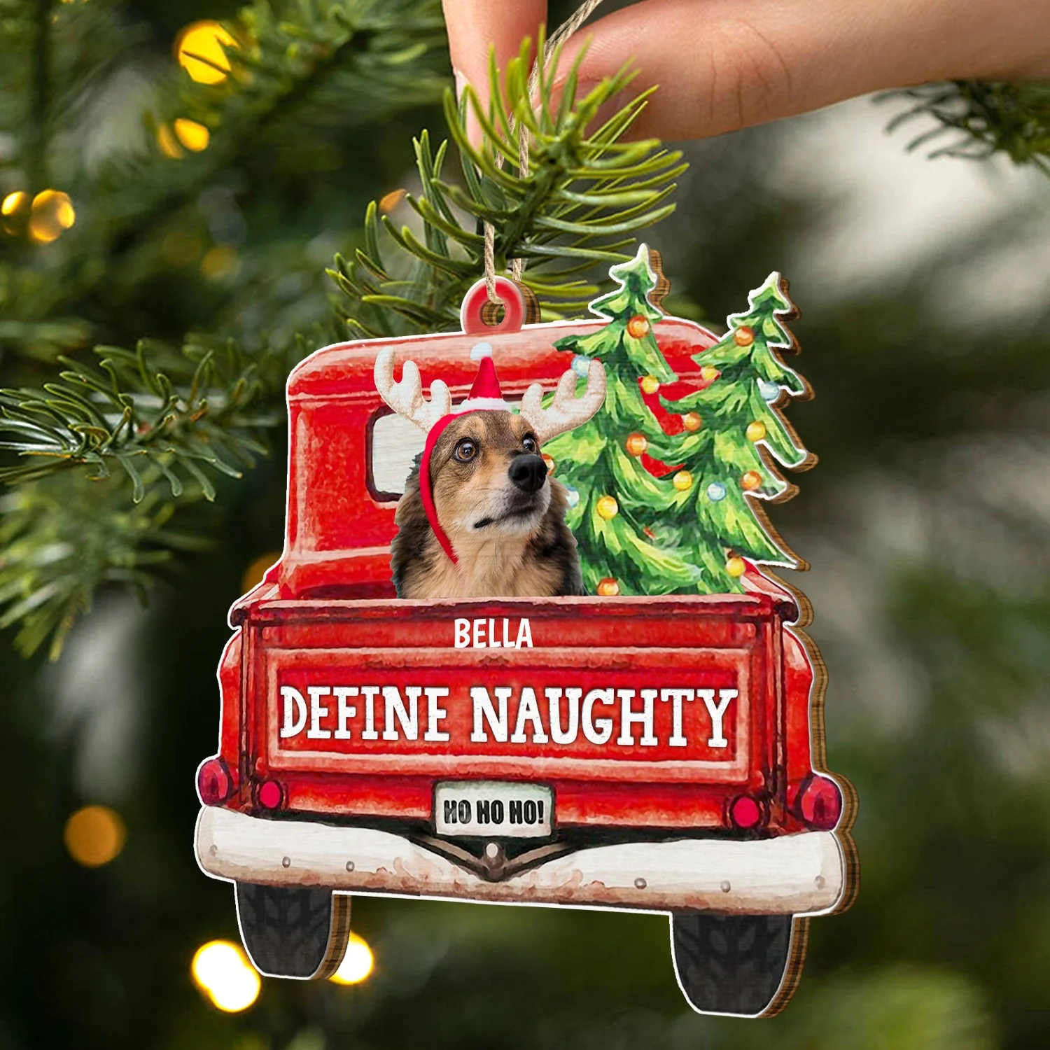 Custom Photo Pet Lovers Red Truck Define Naughty - Christmas Gift For Dog Lovers - Personalized Custom Shaped Wooden Ornament - Image 3