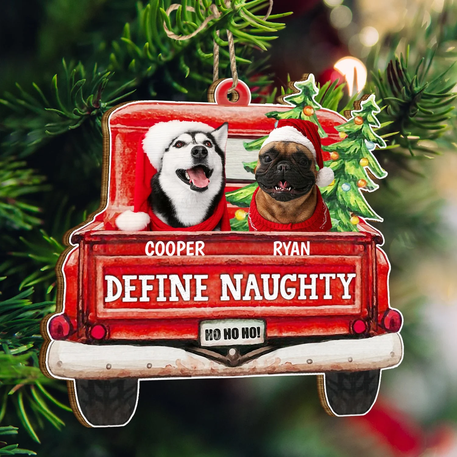 Custom Photo Pet Lovers Red Truck Define Naughty - Christmas Gift For Dog Lovers - Personalized Custom Shaped Wooden Ornament - Image 4