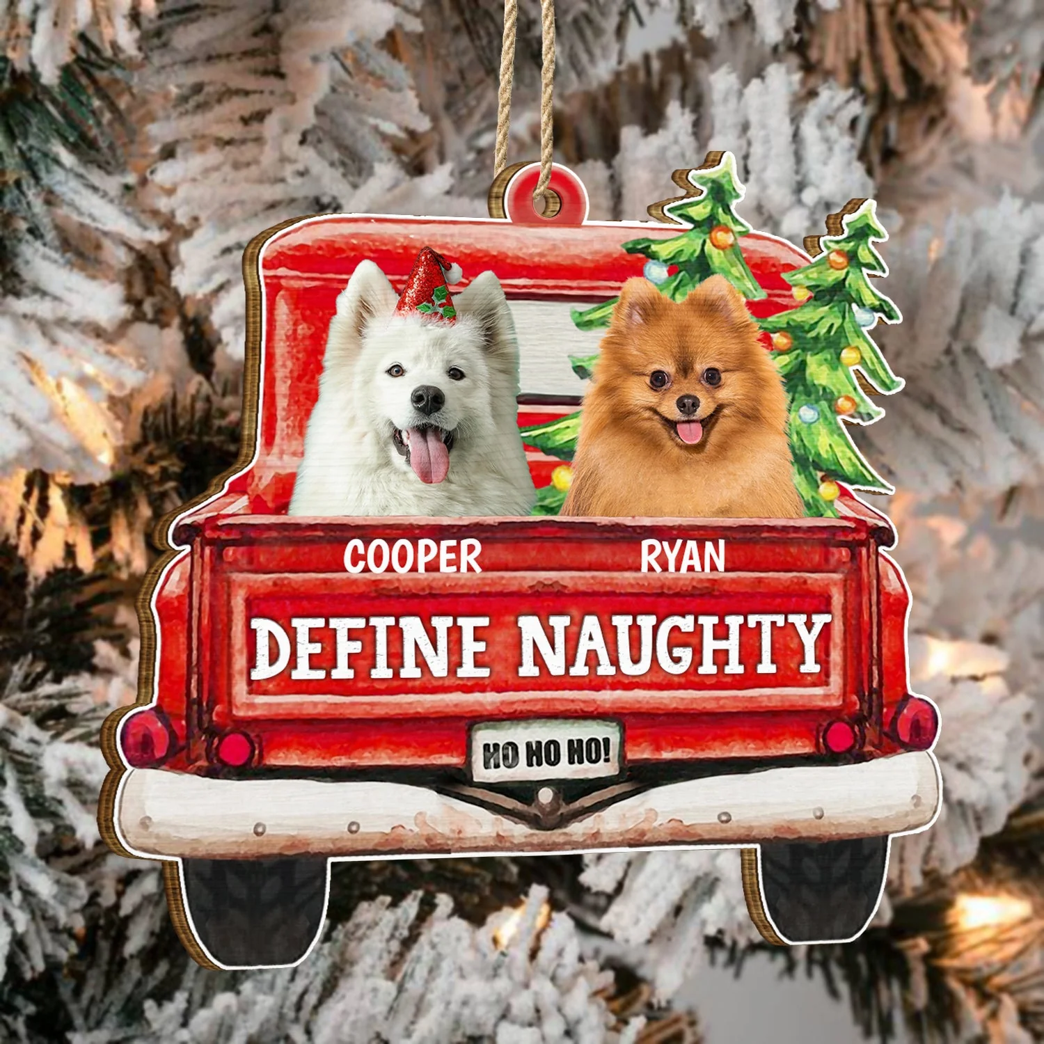 Custom Photo Pet Lovers Red Truck Define Naughty - Christmas Gift For Dog Lovers - Personalized Custom Shaped Wooden Ornament - Image 5