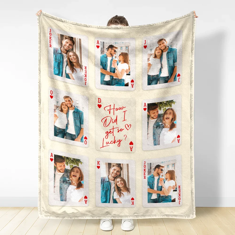 Custom Photo Playing Card Couple Lucky In Love - Personalized Fleece Blanket, Sherpa Blanket - Image 3