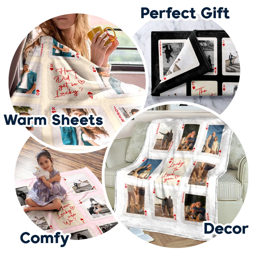 Custom Photo Playing Card Couple Lucky In Love - Personalized Fleece Blanket, Sherpa Blanket - Image 7
