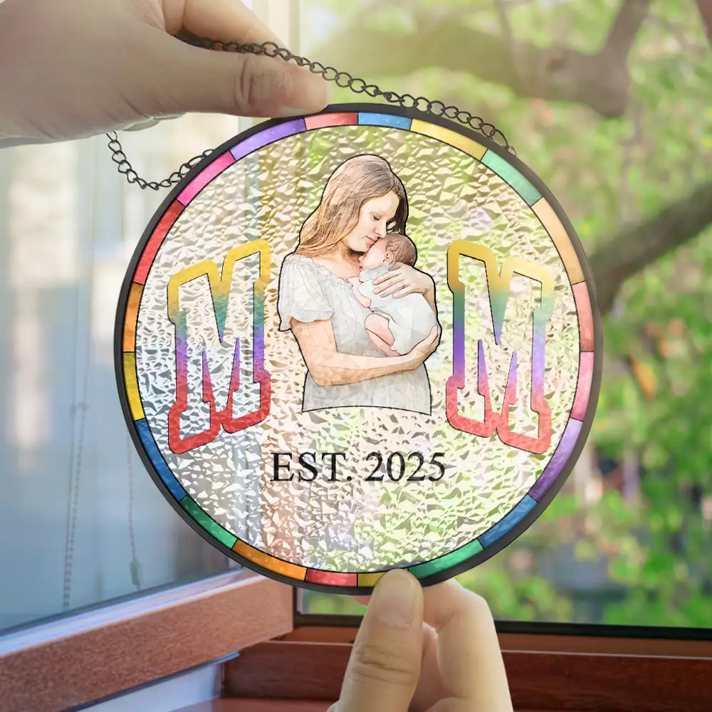 Custom Photo Portrait Dad Mom EST, Gift For New Parents - Personalized Stained Glass Window Hanging Suncatcher - Image 5