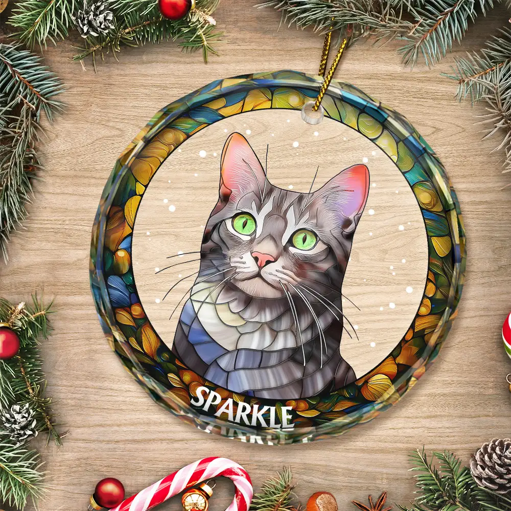 Custom Photo Portrait Dog Cat Family Christmas - Personalized Circle Glass Ornament - Image 4