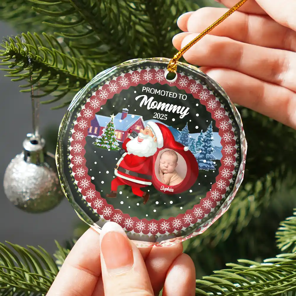 Custom Photo Promoted To Daddy - Personalized Circle Glass Ornament - Image 2