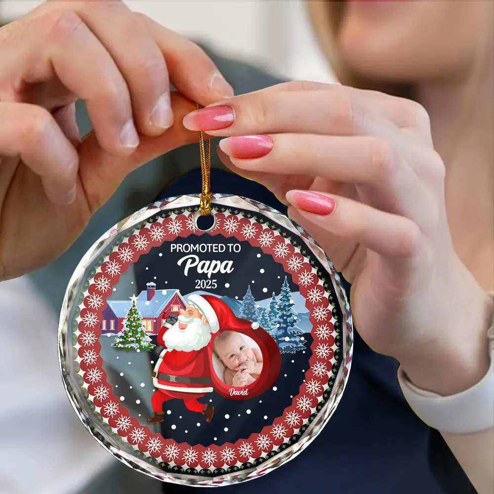 Custom Photo Promoted To Daddy - Personalized Circle Glass Ornament - Image 4