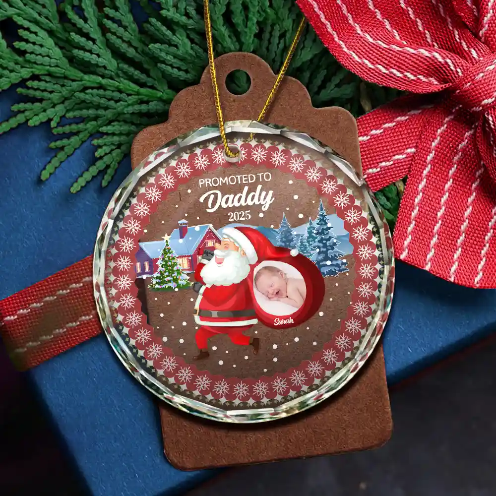 Custom Photo Promoted To Daddy - Personalized Circle Glass Ornament - Image 5