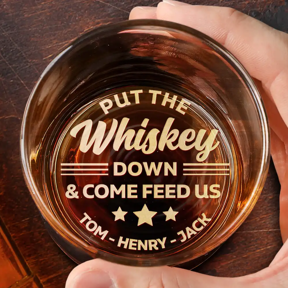 Custom Photo Put The Drink Down And Come Feed Us Funny Pet Dad - Personalized Engraved Whiskey Glass - Image 2