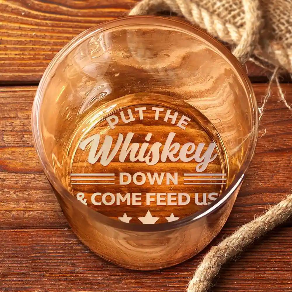 Custom Photo Put The Drink Down And Come Feed Us Funny Pet Dad - Personalized Engraved Whiskey Glass - Image 4