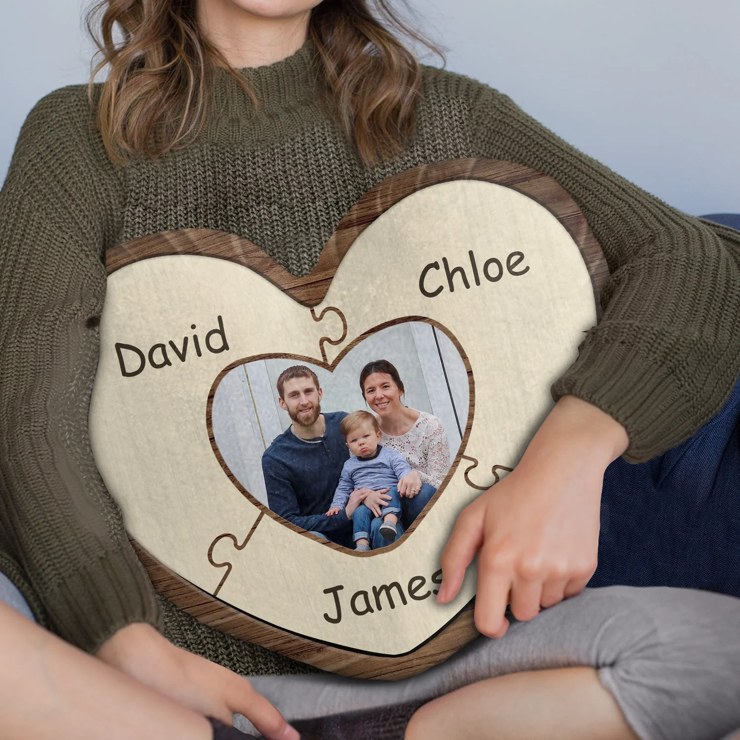Custom Photo Puzzle Name - Birthday, Holiday Gift For Parent, Couple, Grandparent - Personalized Heart Shaped Pillow - Image 3