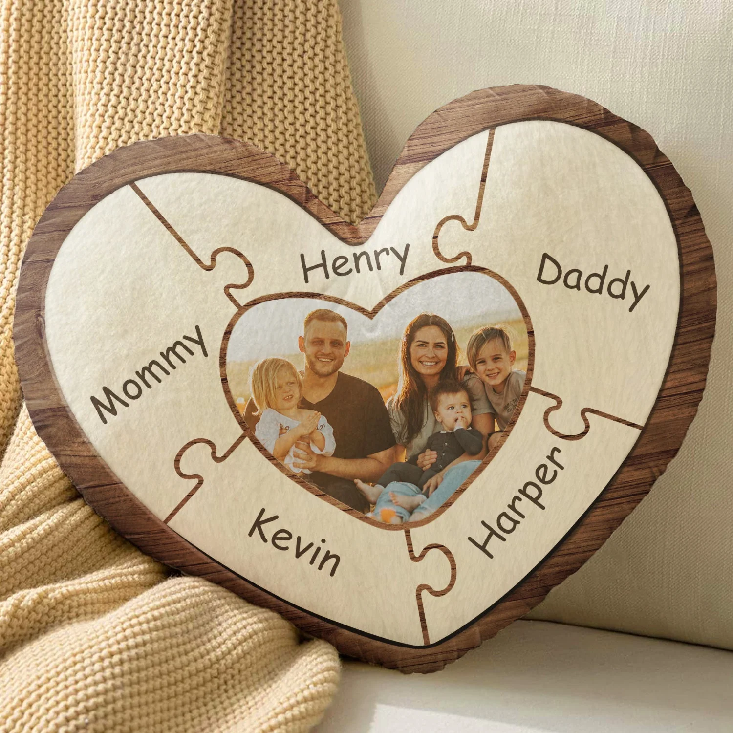 Custom Photo Puzzle Name - Birthday, Holiday Gift For Parent, Couple, Grandparent - Personalized Heart Shaped Pillow - Image 4