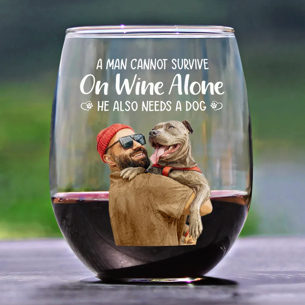 Custom Photo Realistic Watercolor Art A Woman Cannot Survive On Wine Alone Dog Cat - Personalized Stemless Wine Glass - Image 3