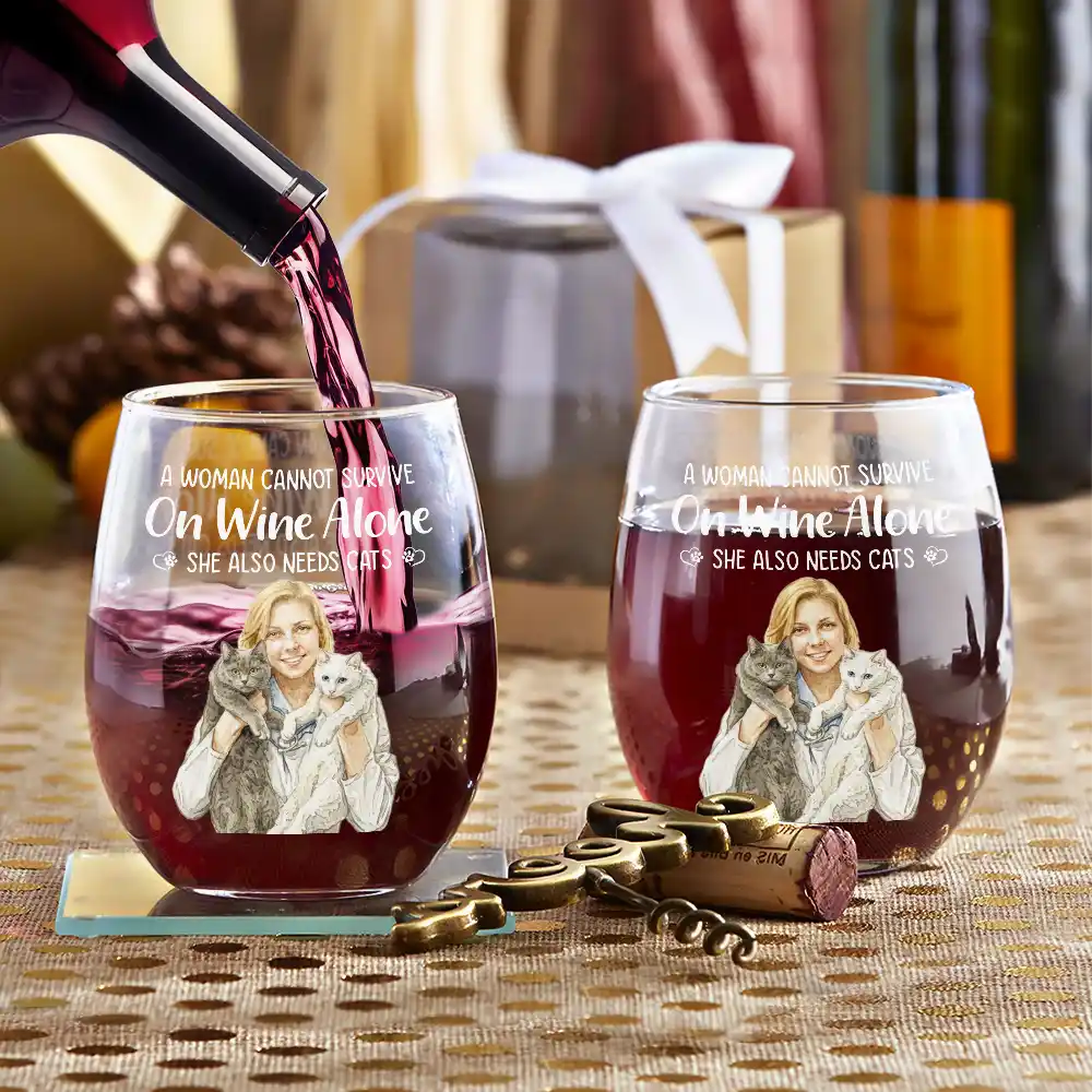 Custom Photo Realistic Watercolor Art A Woman Cannot Survive On Wine Alone Dog Cat - Personalized Stemless Wine Glass - Image 4