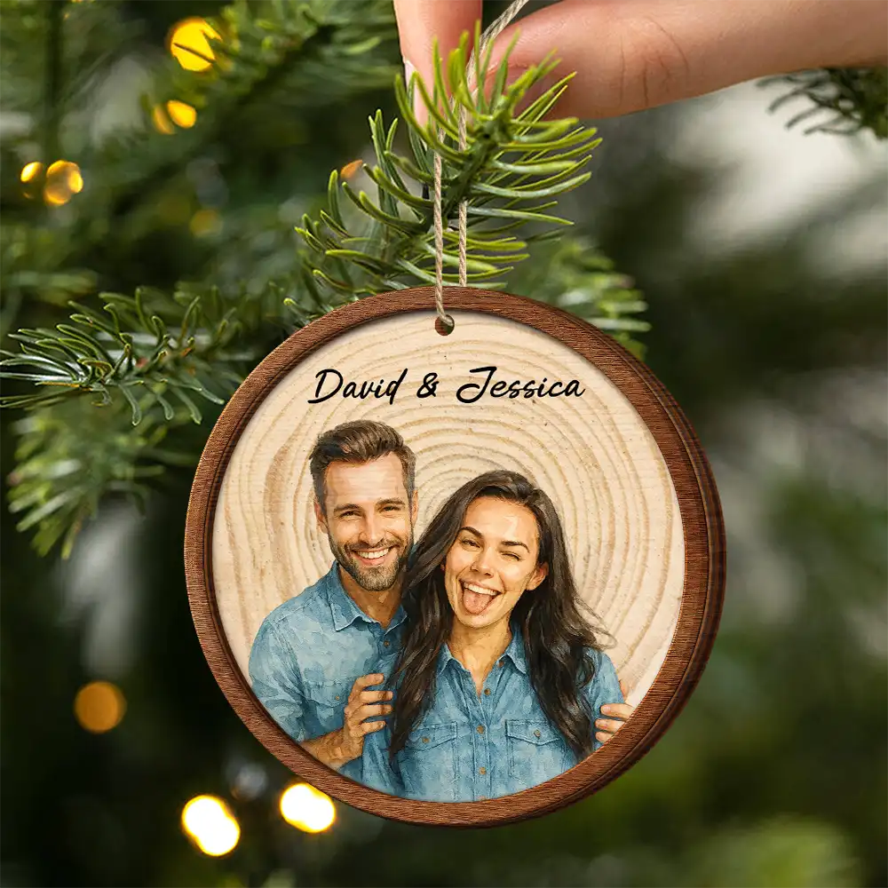 Custom Photo Realistic Watercolor Art Happy Couple - Personalized 2-Layered Wooden Ornament - Image 3