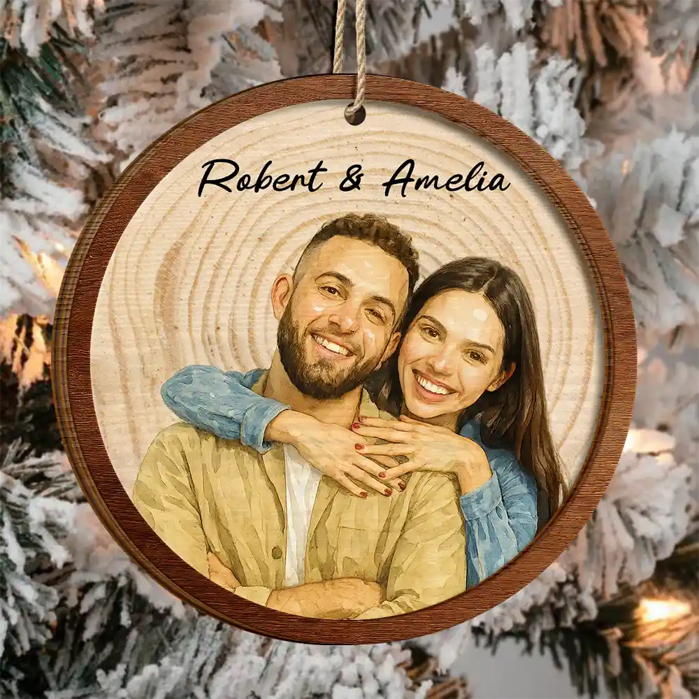 Custom Photo Realistic Watercolor Art Happy Couple - Personalized 2-Layered Wooden Ornament - Image 4