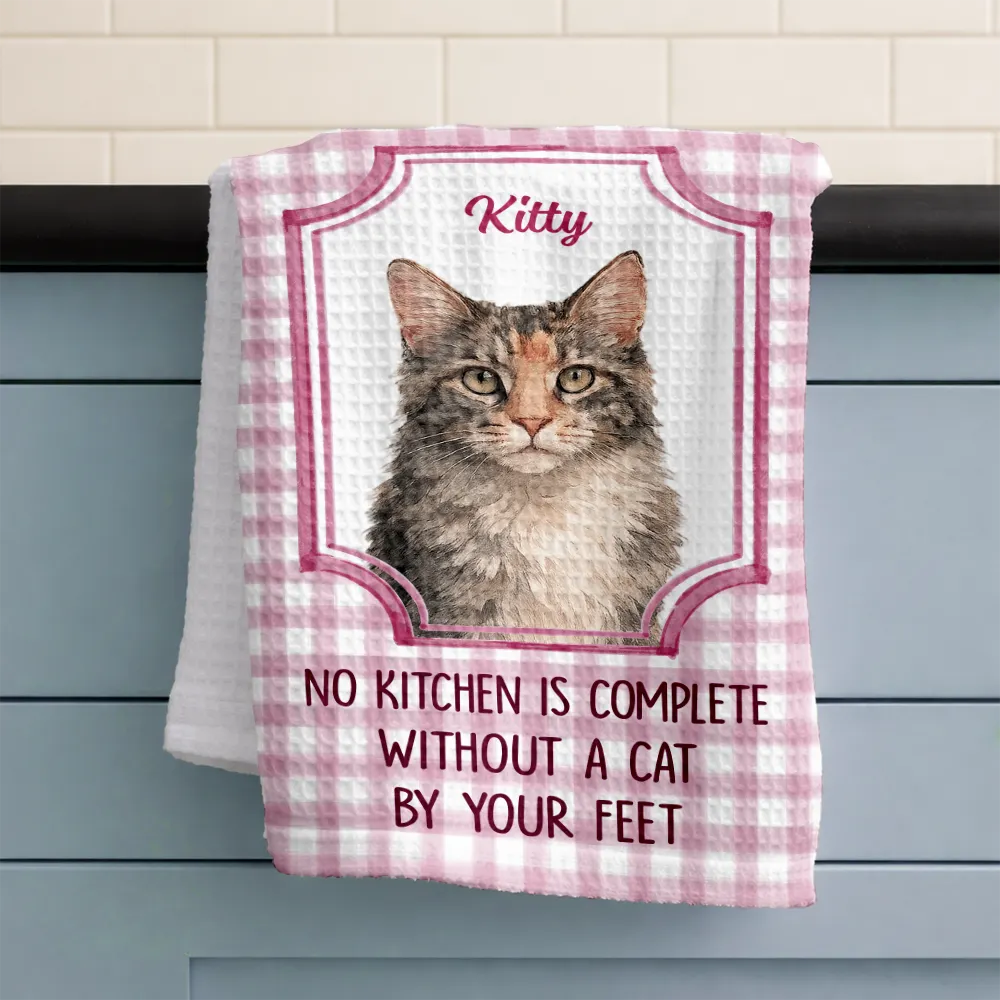 Custom Photo Realistic Watercolor Art No Kitchen Is Complete Without A Dog Cat By Your Feet - Personalized Kitchen Towel - Image 4