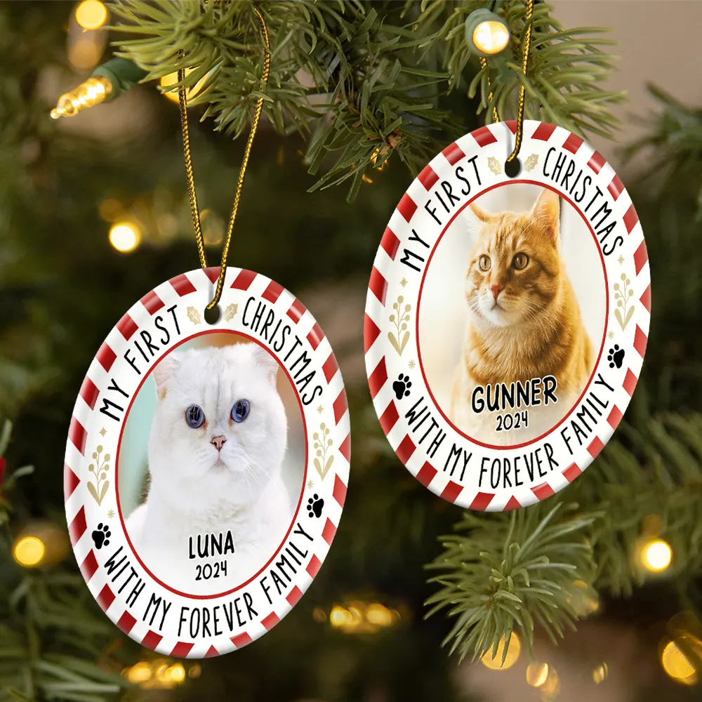 Custom Photo Red Light First Christmas - Personalized Circle Ceramic Ornament - Image 2