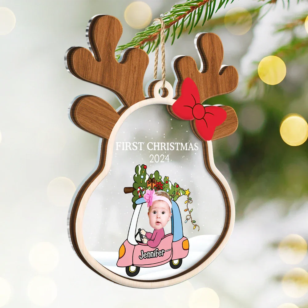Custom Photo Reindeer Baby First Christmas - Personalized 2-Layered Mix Ornament - Image 3